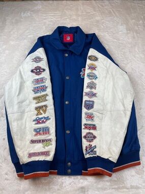 NFL Blue and White Super Bowl Patch Varsity Bomber Jacket